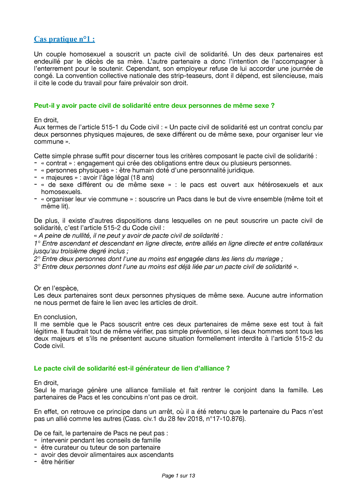 6 Cas Pratiques - Droit De La Famille - Cas Pratique N°1 : Un Couple ...