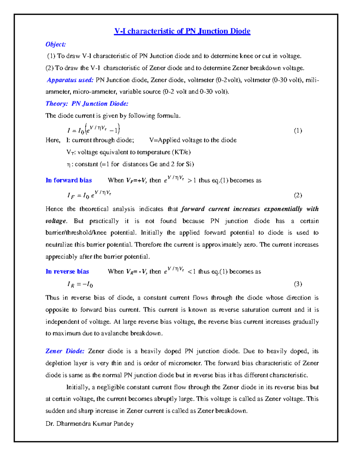 P-n junction Eperiment - V-I characteristic of PN Junction Diode Object ...