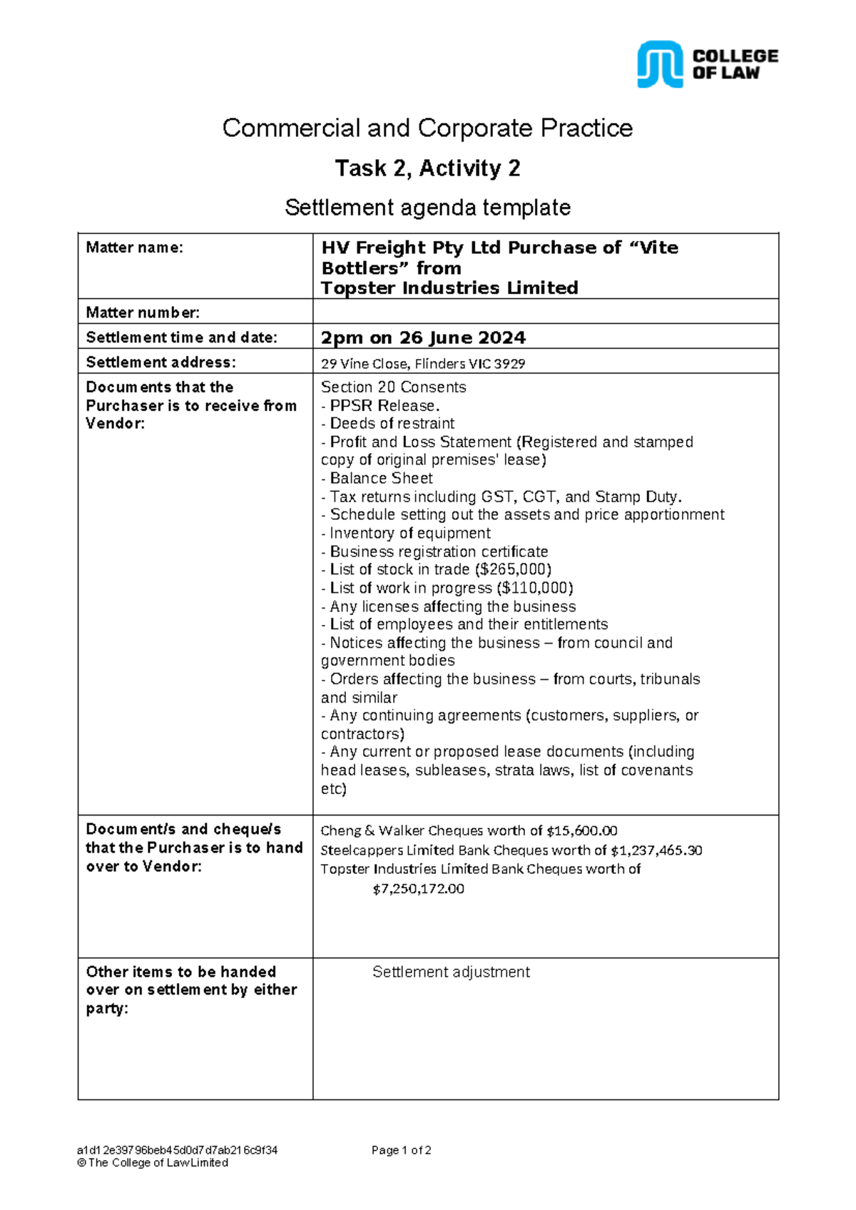 CCP T2 A2 Template settlement agenda Nasvt 2023 08 25 - Commercial and ...