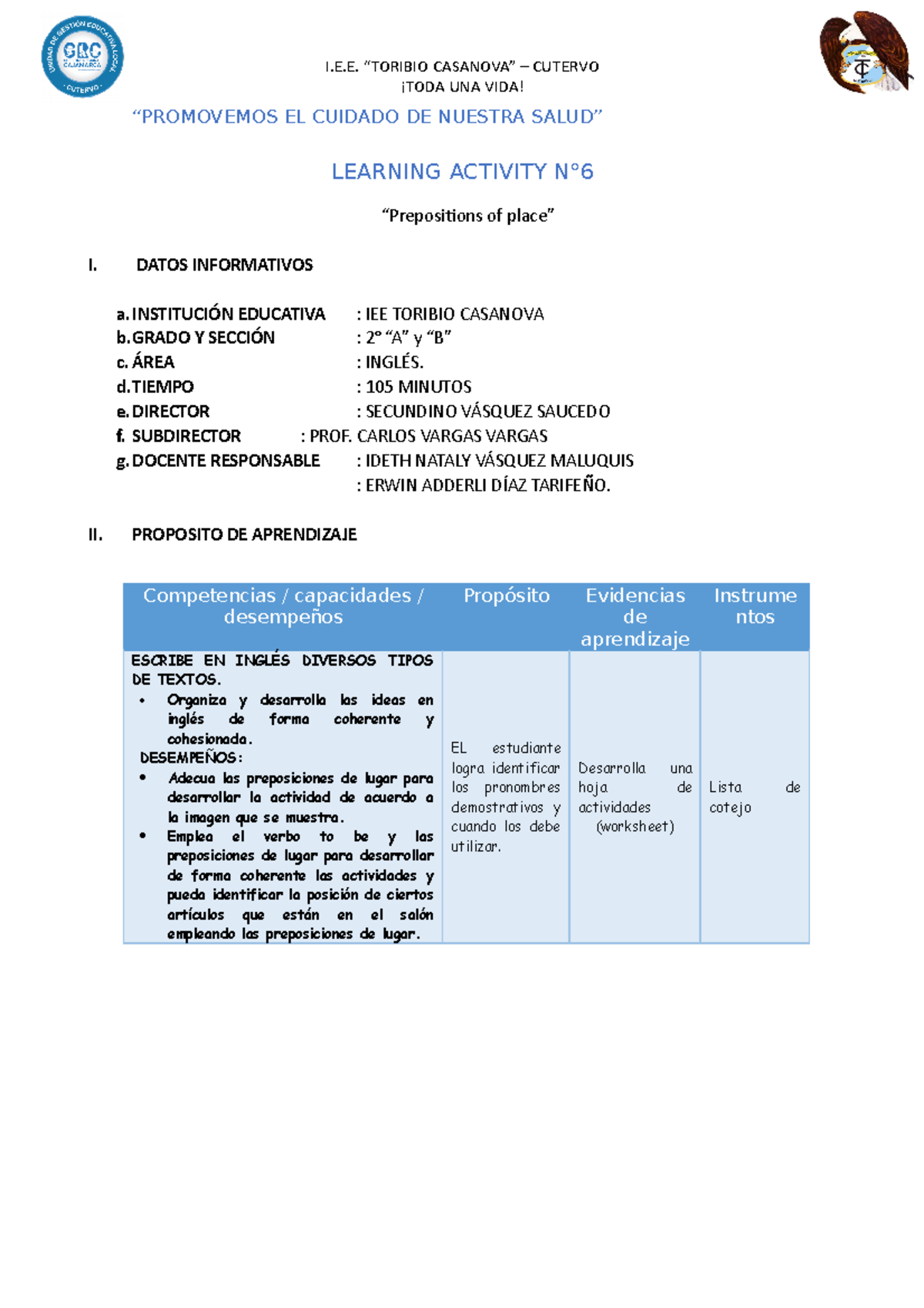 Actividad de aprendizaje sobre los preposiciones de lugares del área de