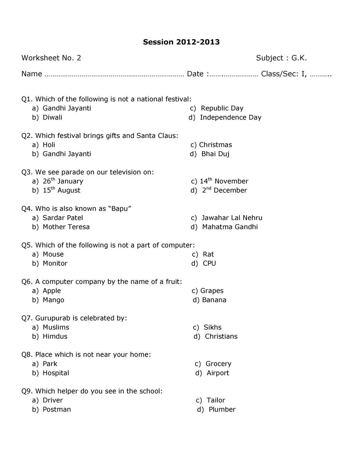 CBSE Class 1 GK Worksheet - Session 2012- Worksheet No. 2 Subject : G ...