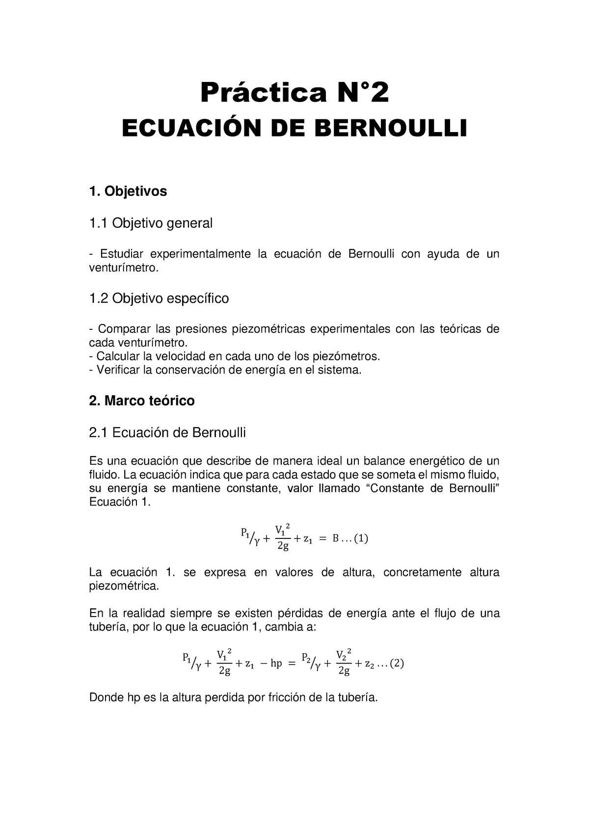 Guía Práctica Ecuacion De Bernoulli - Pr·ctica N∞ ECUACI”N DE BERNOULLI ...