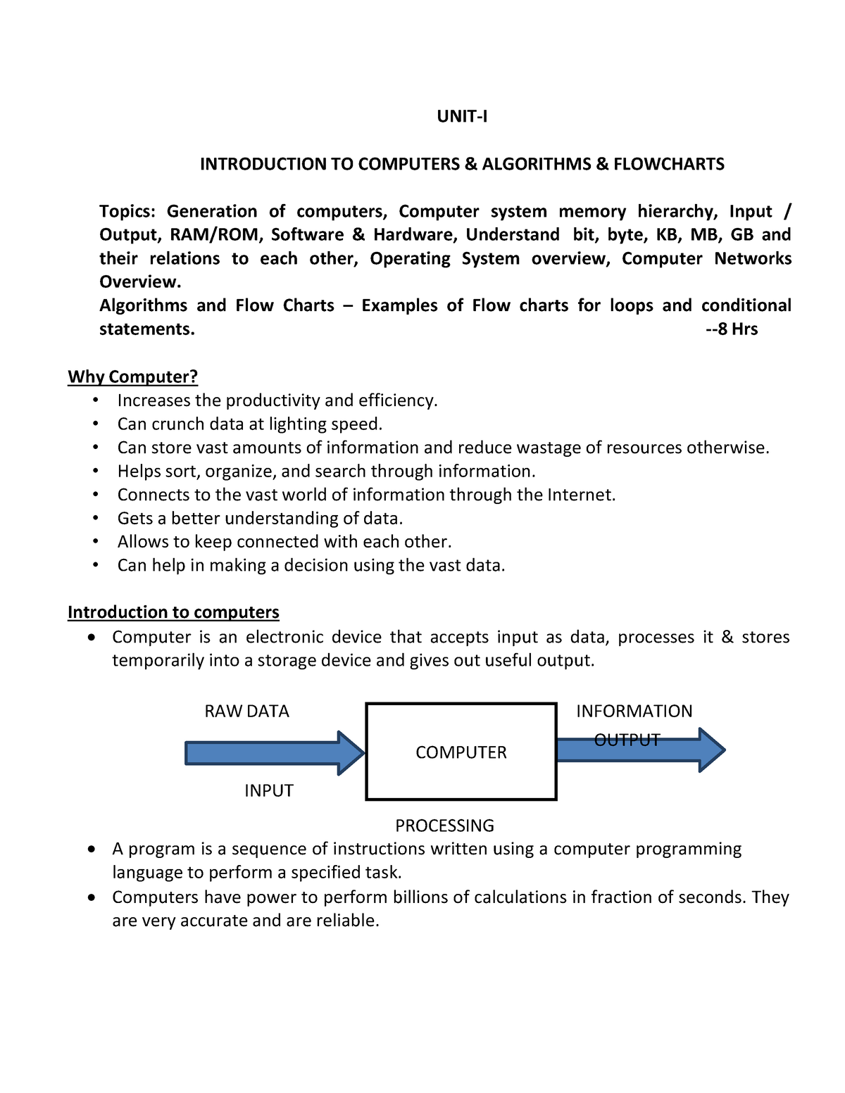 UNIT 1- Computer Science - COMPUTER UNIT-I INTRODUCTION TO COMPUTERS ...