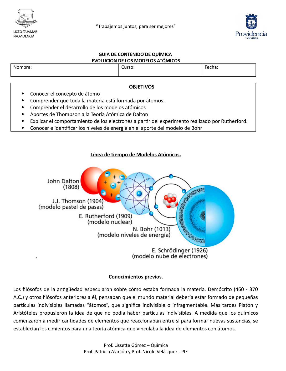 Evolución de los modelos Atómicos. Lectura - LICEO TAJAMAR PROVIDENCIA GUIA  DE CONTENIDO DE QUÍMICA - Studocu