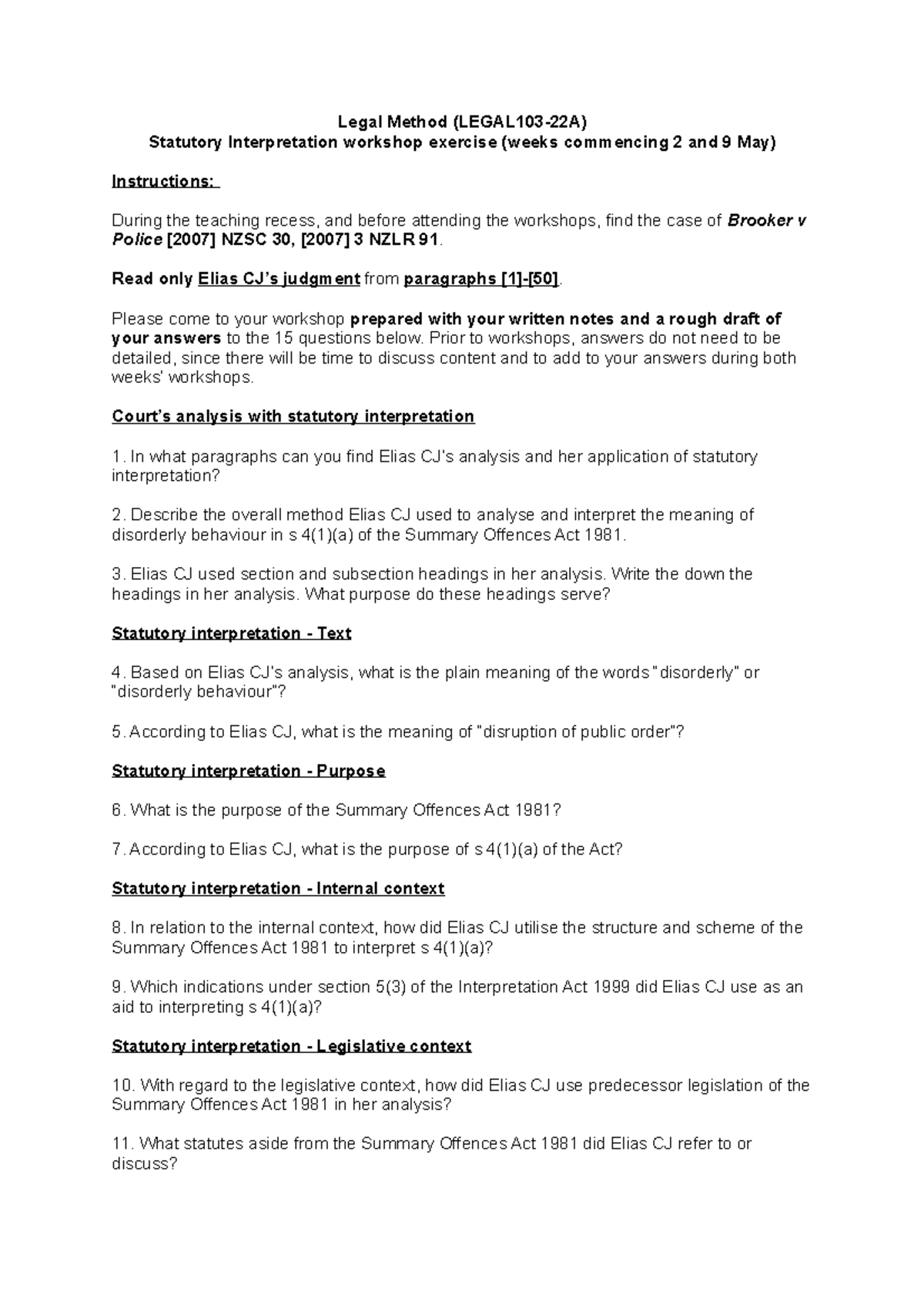 Statutory Interpretation Workshop Exercise Legal Method Legal103 22a Statutory Interpretation Workshop Exercise Legal Method Legal103 22a