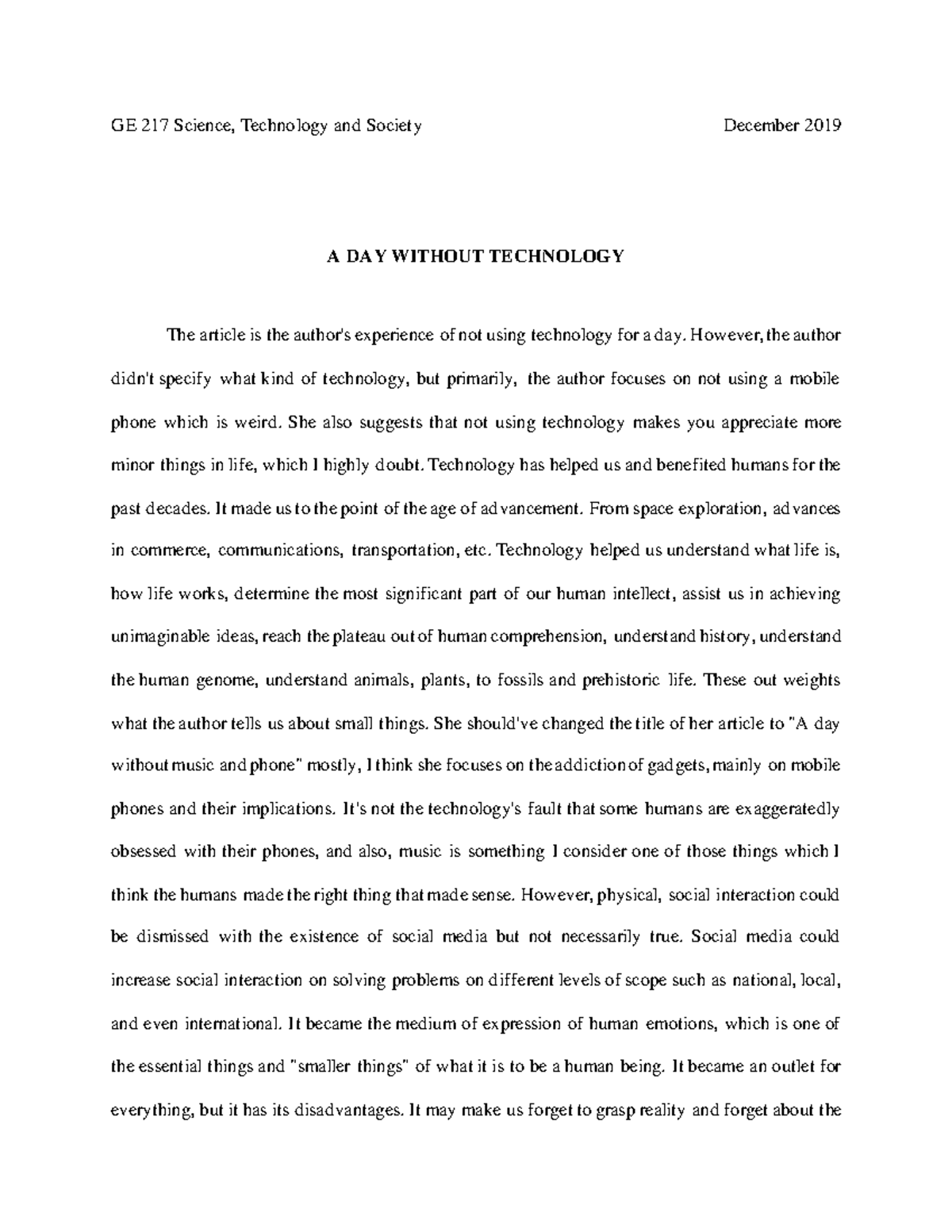 A Day Without Technology Reflection - Science, Technology, And Society ...