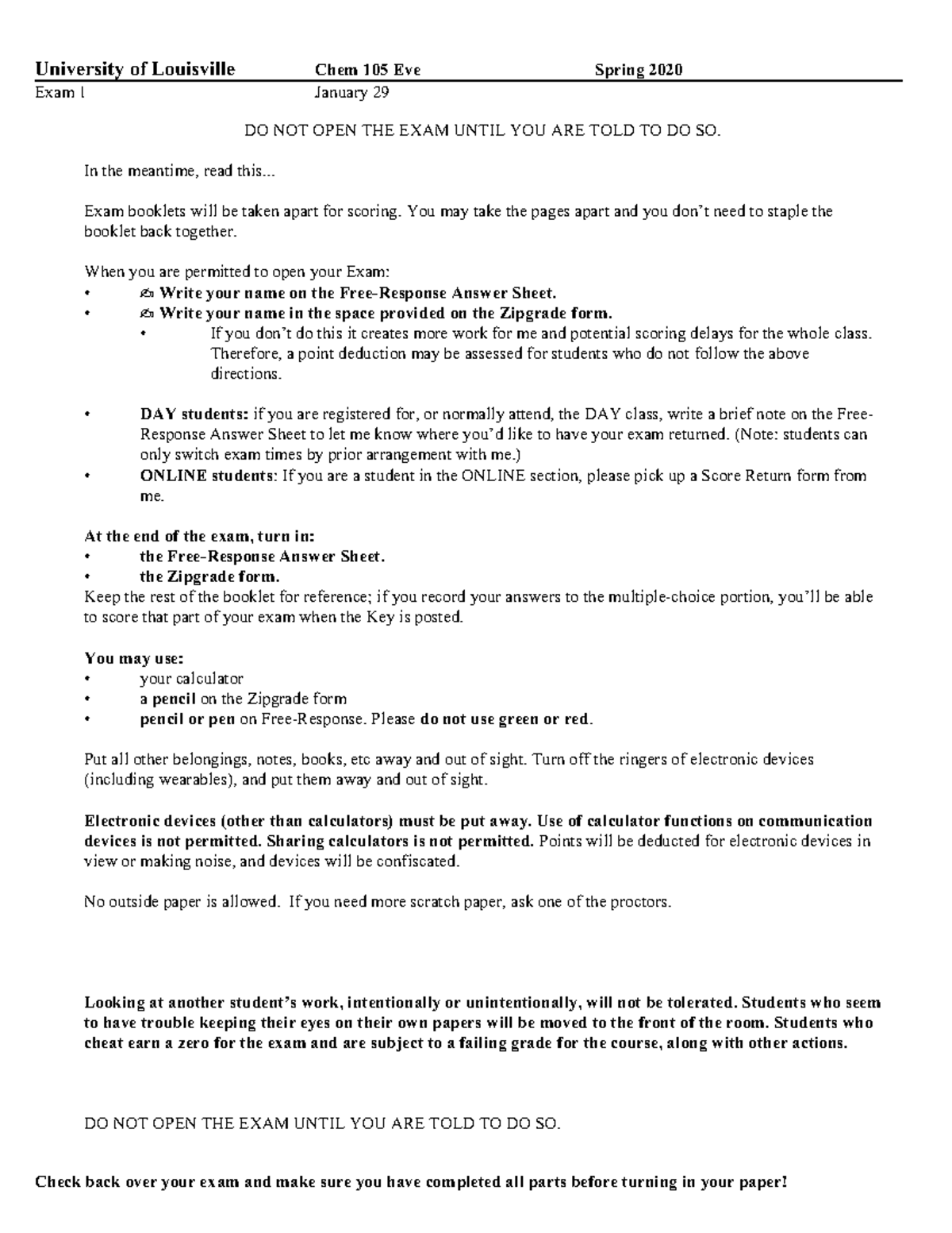 Chem 105 Final Exam Spring Sem 2020 2 - Exam 1 January 29 DO NOT OPEN ...
