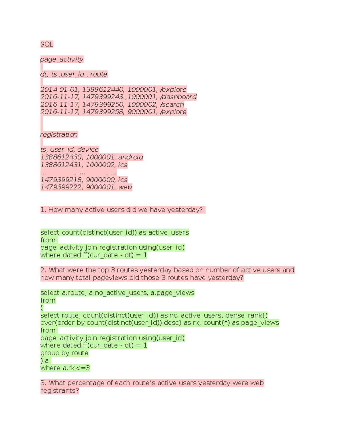 Tumblrquestions - Sample - SQL page_activity dt, ts ,user_id , route ...