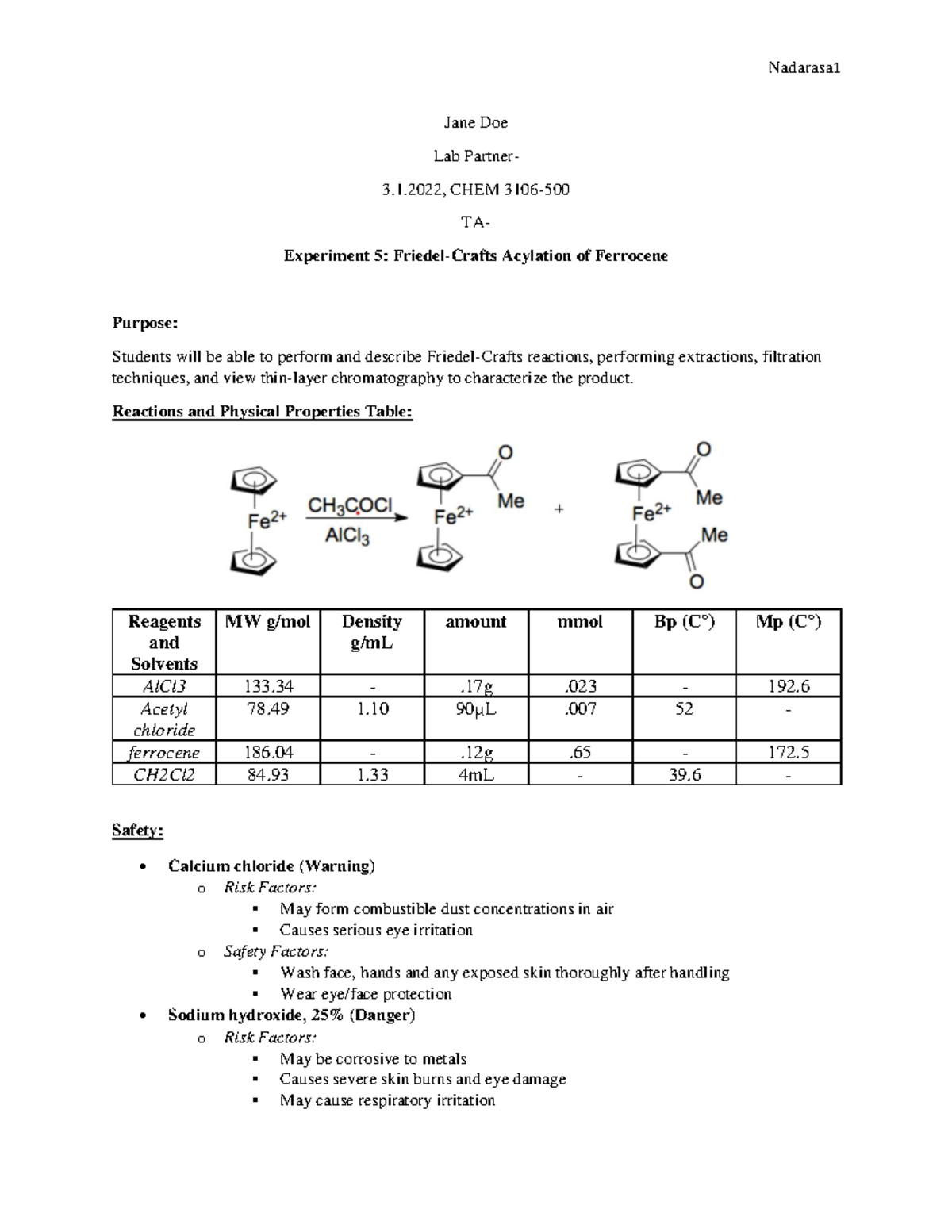 Lab 5 final - exp lab report 5 - Jane Doe Lab Partner- 3.1, CHEM 3106 ...