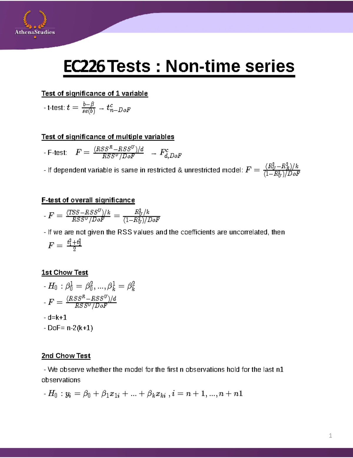 EC226 Notes - Non-time series - EC226 Tests : Non-time series Test of ...