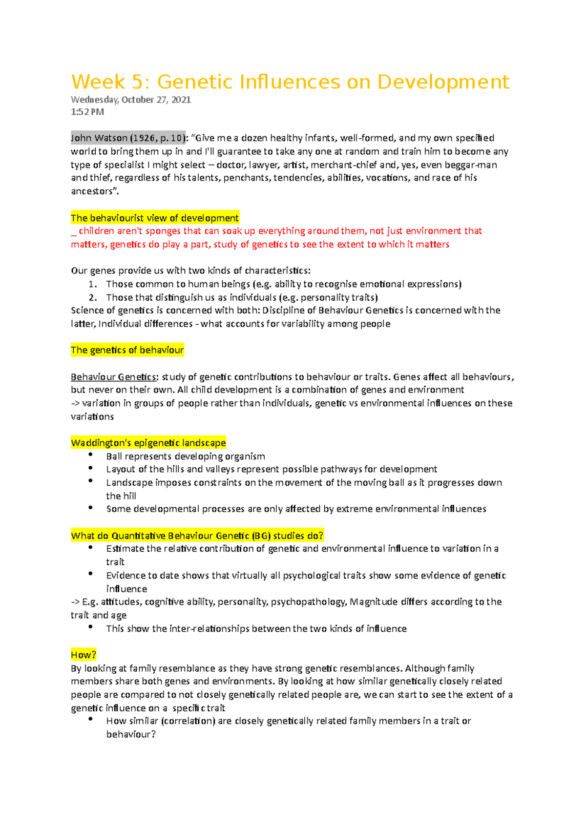 Week 5 Genetic Influences on Development - Week 5: Genetic Influences ...