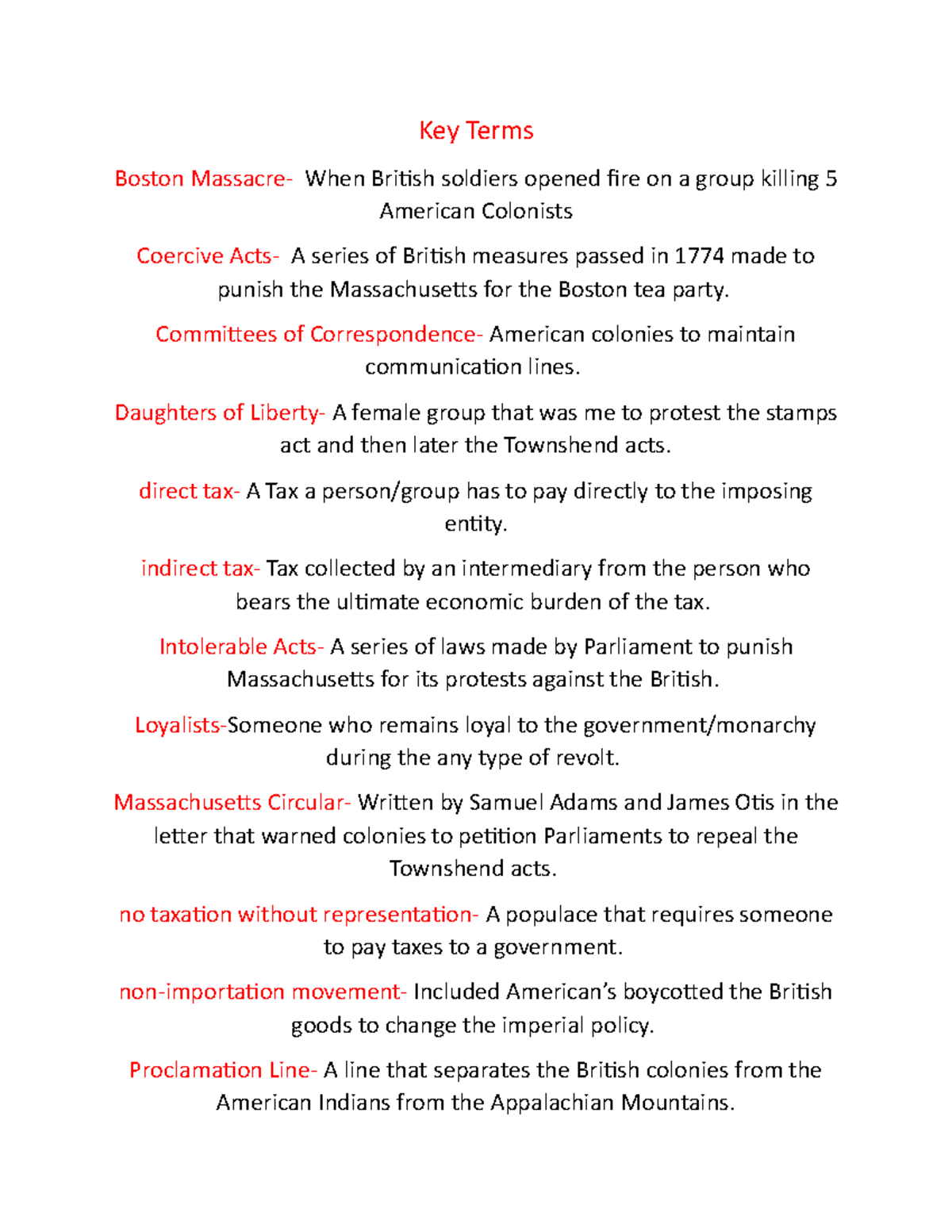 Chapter 5 Disscussion Board Key Terms Boston Massacre When British