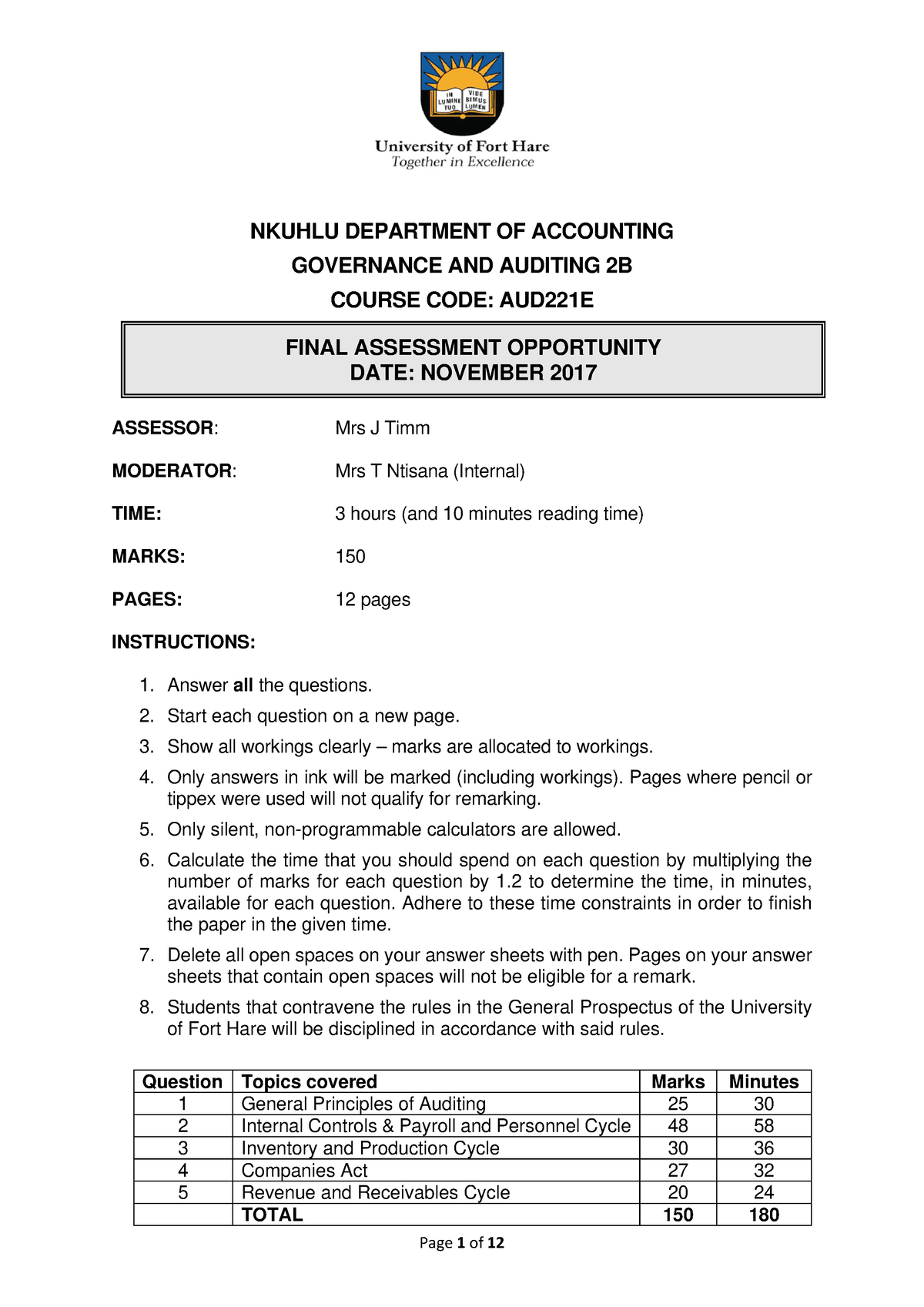 AUD221E Nov 2017 Exam - Question Paper - NKUHLU DEPARTMENT OF ...