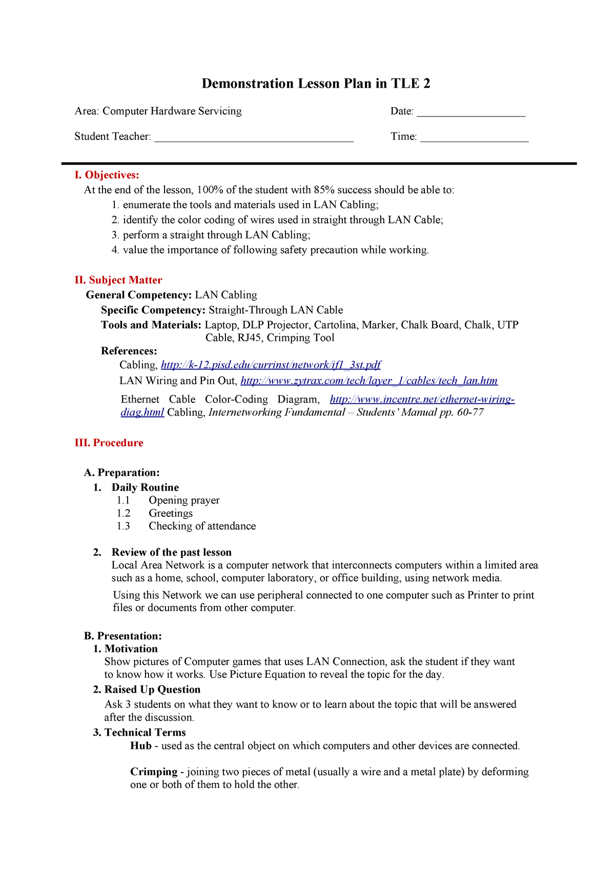 Lesson Plan -Computer Hardware Servicing - Demonstration Lesson Plan In ...