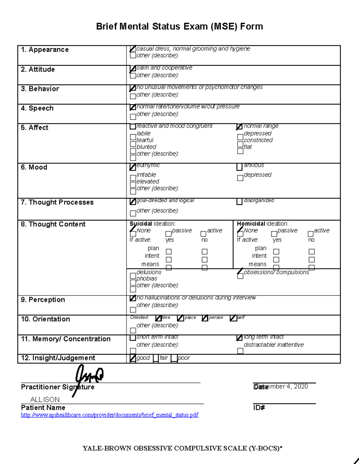 Ocd-checklist - Checklist - Brief Mental Status Exam (MSE) Form 1 ...