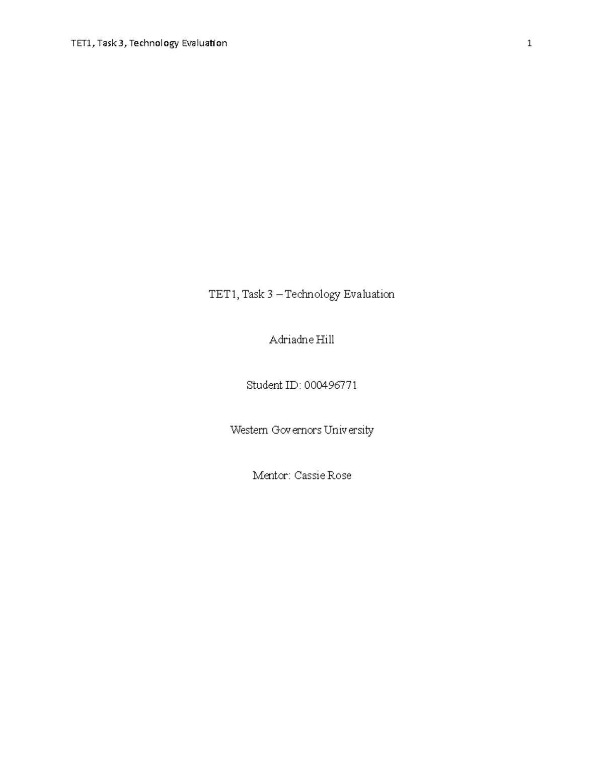 TET1 Task 3, Technology Evaluation - TET1, Task 3 – Technology ...