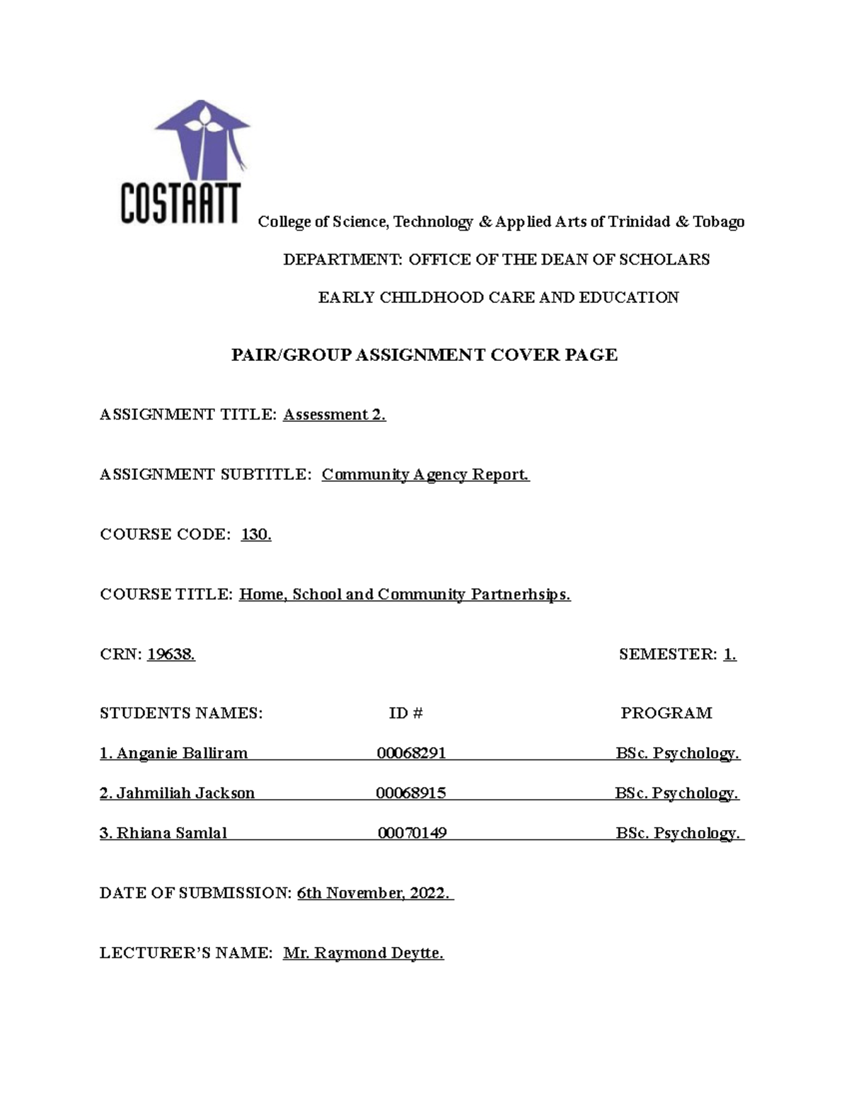 ECCE 130 Community Agency Report (Group 2) - College of Science ...