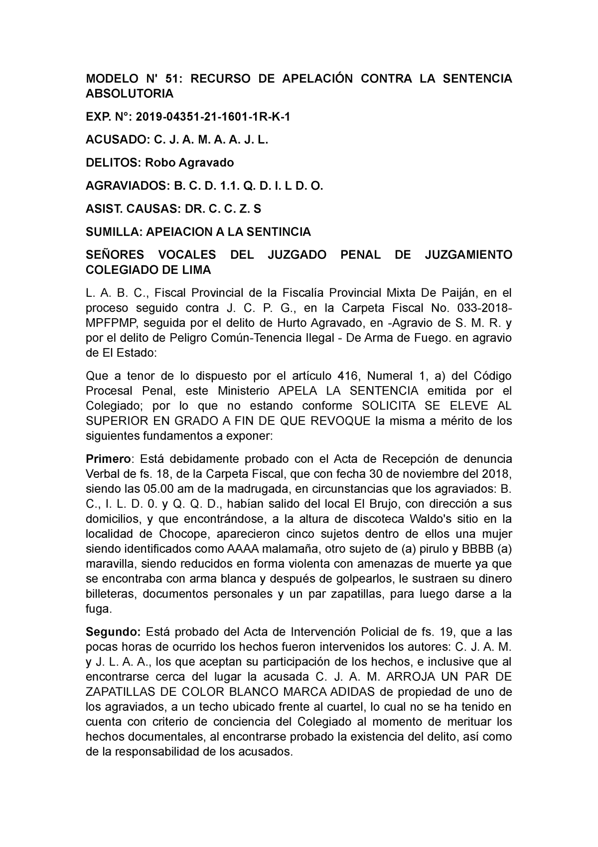  Modelo DE Recurso DE Apelación Contra LA Sentencia Absolutoria - MODELO  N' 51: RECURSO DE - Studocu