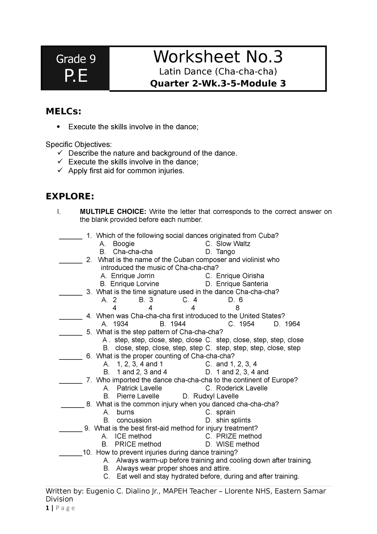 Q2 WK3 Worksheet 3 5 P Grade 9 P Worksheet No. Latin Dance Cha