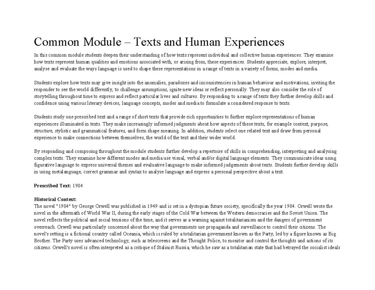 English advanced course notes - Common Module – Texts and Human ...