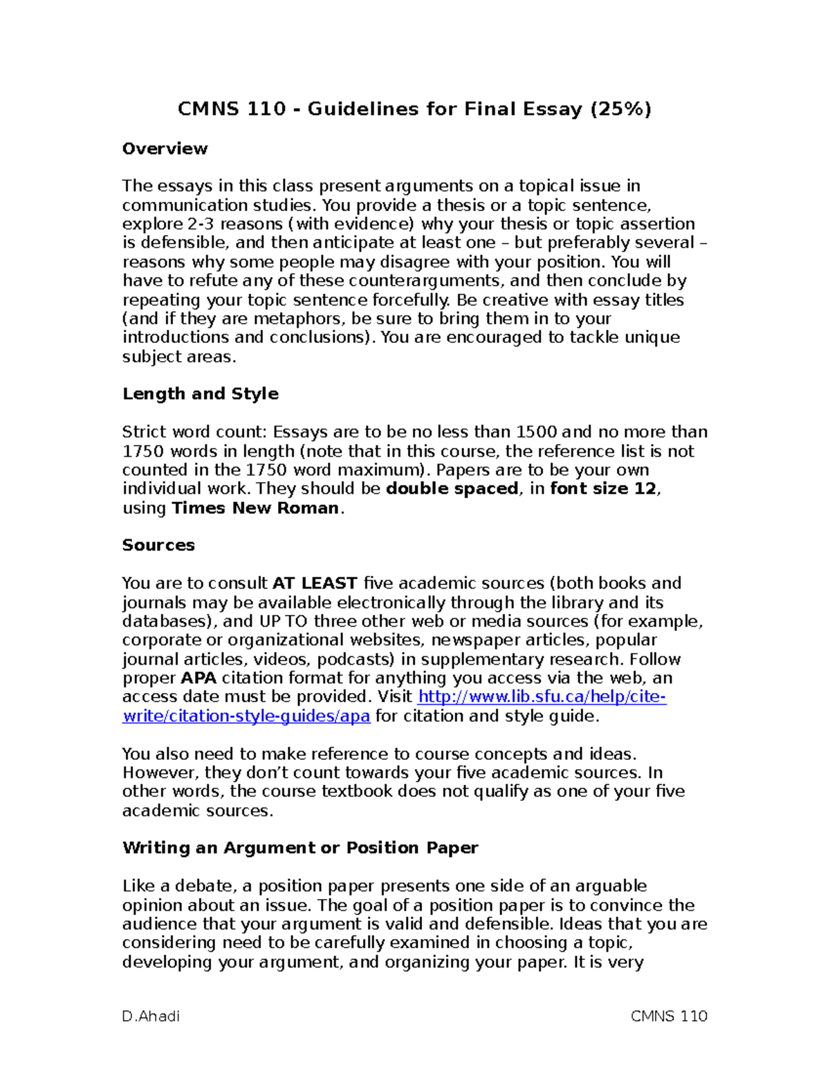 CMNS 110 Term Paper Guidelines CMNS 110 Guidelines for Final Essay