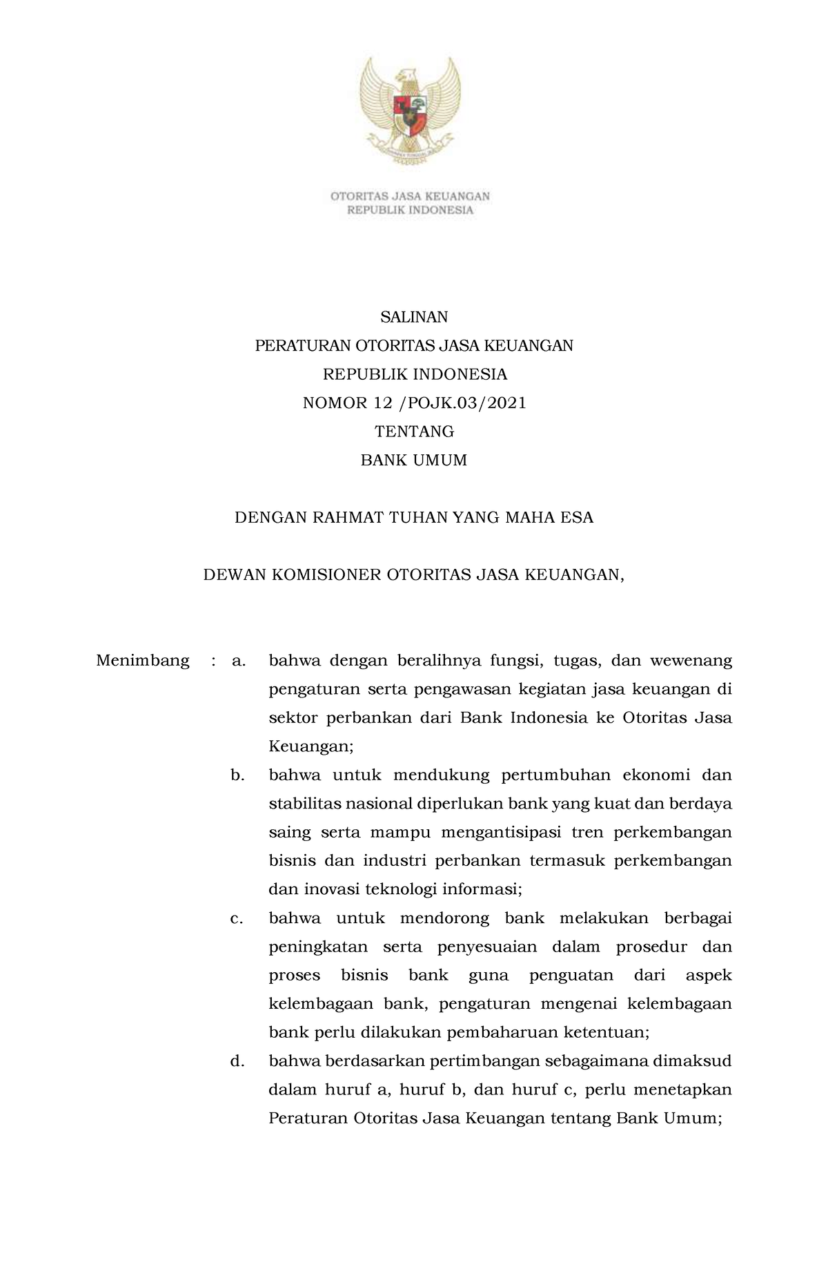 POJK 12 - 03 -2021 - Pjok - SALINAN PERATURAN OTORITAS JASA KEUANGAN ...