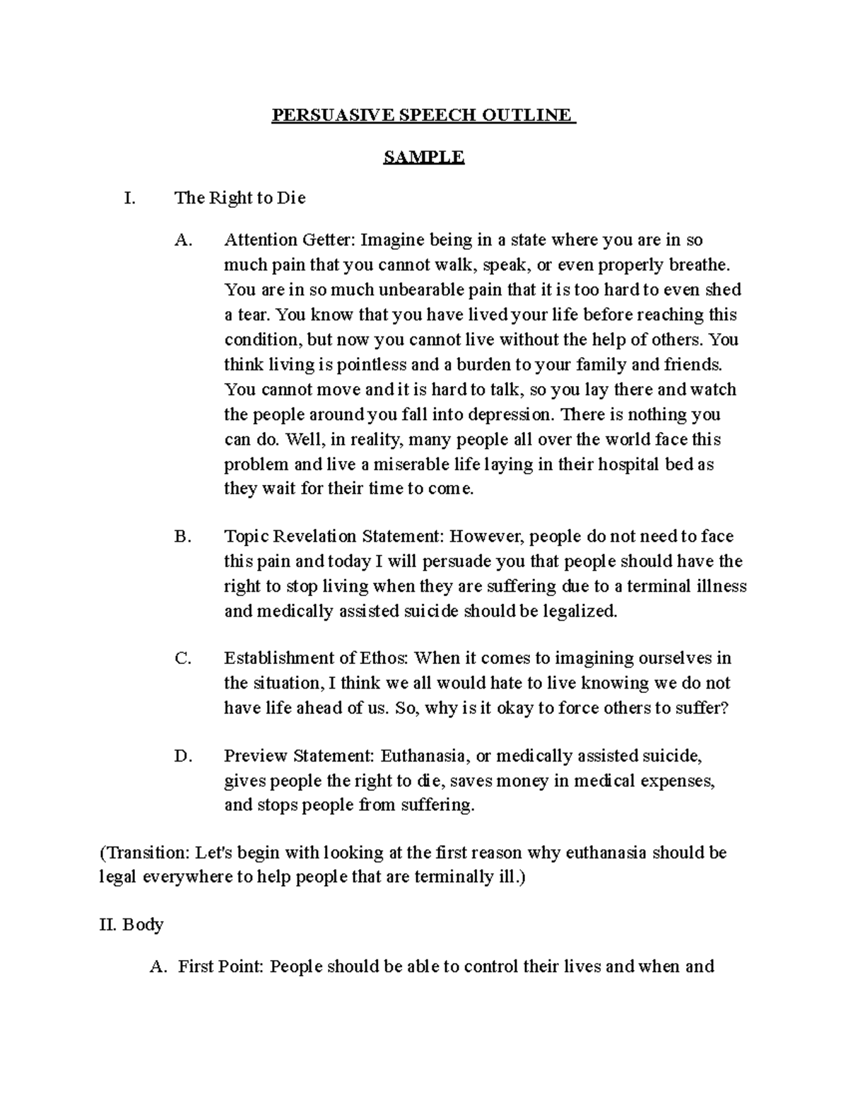 Persuasive Speech Outline Sample Persuasive Speech Outline Sample I The Right To Die A 8597