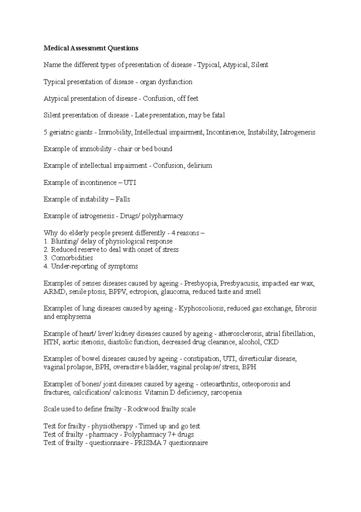 Medical Assessment Qs Medical Assessment Questions Name the different