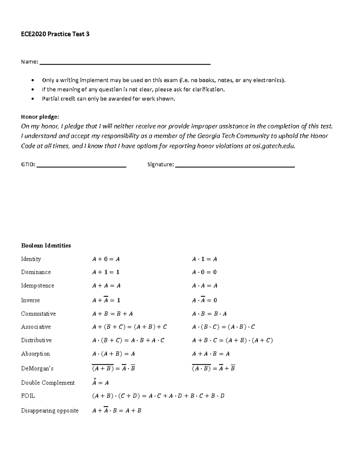 Sample Test 3 - ECE2020 Practice Test 3 Name: Only a writing implement ...