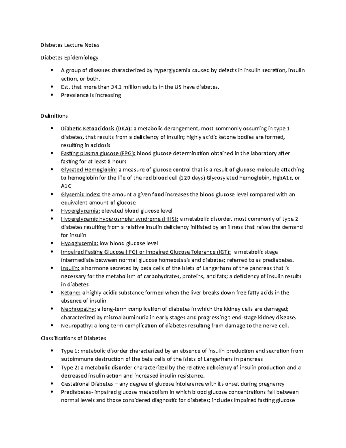 Diabetes Notes Exam 4 Copy - Diabetes Lecture Notes Diabetes 