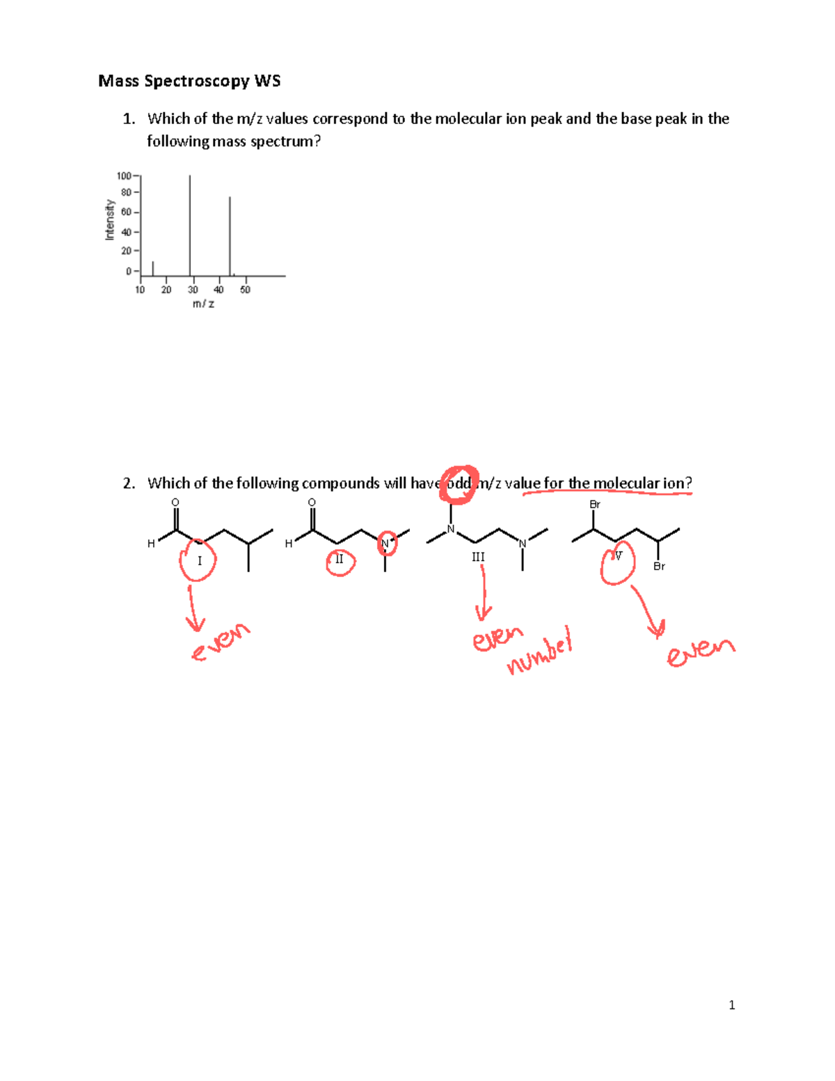 Mass Spec Ws Mass Spec Worksheet Mass Spectroscopy Ws 1 Which Of The M Z Values Correspond