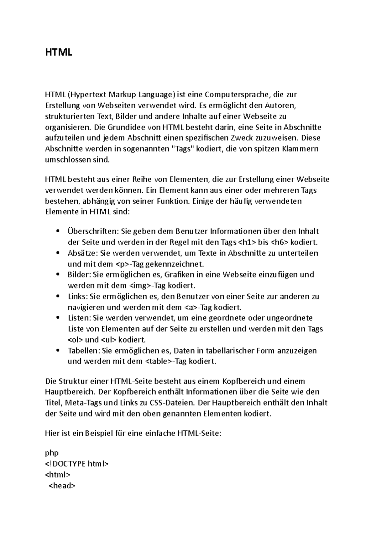 HTML - Informatik Wintersemester - HTML HTML (Hypertext Markup Language ...