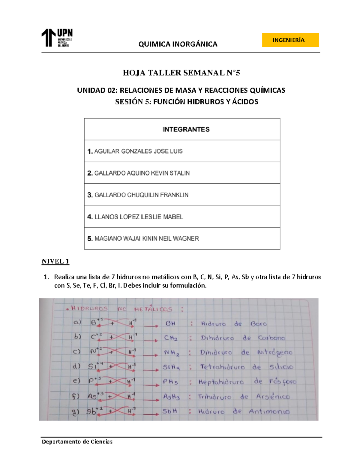 Hoja Taller Grupal N° 5 Hidruros Y Ácidos - QUIMICA INORGÁNICA HOJA ...