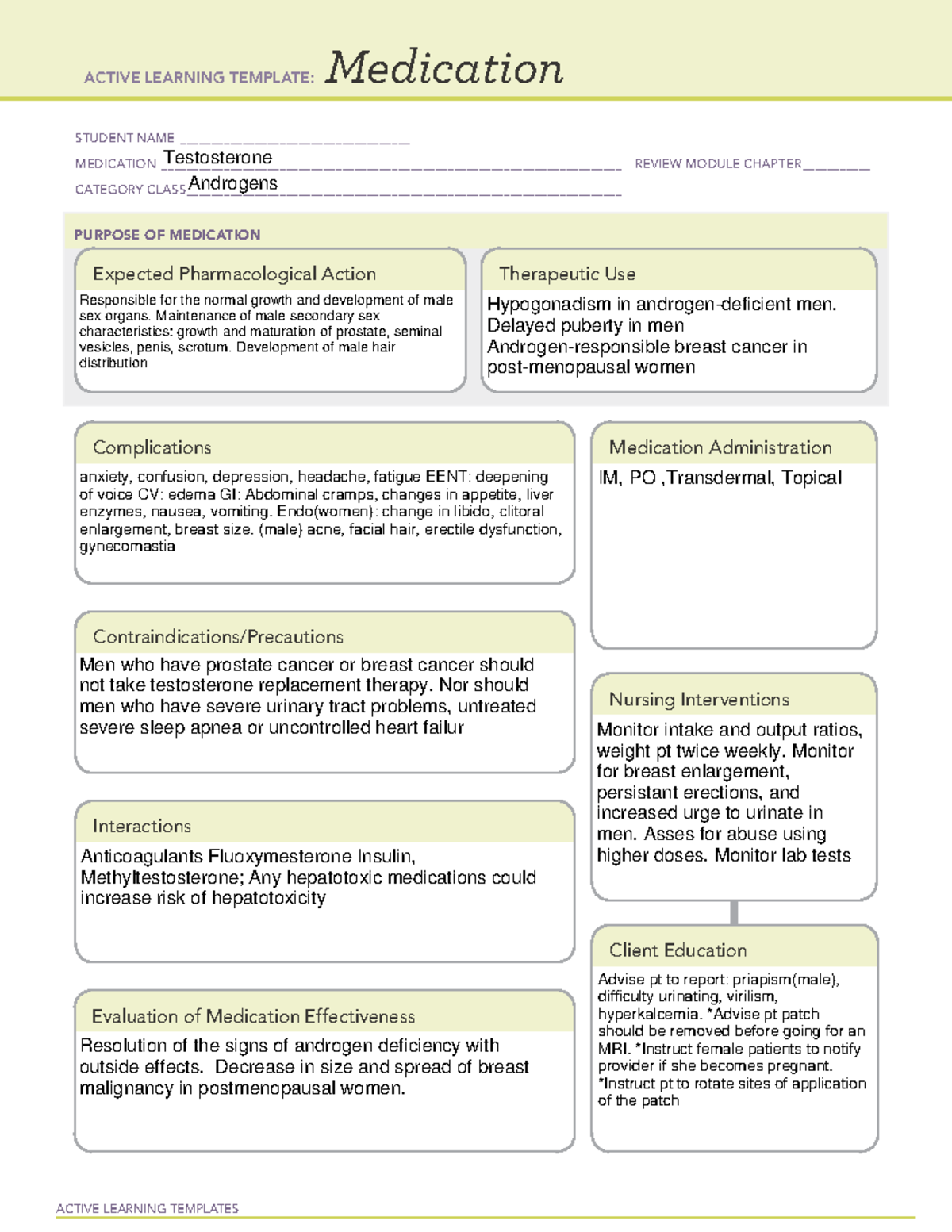 Testosterone - med cards - ACTIVE LEARNING TEMPLATES Medication STUDENT ...