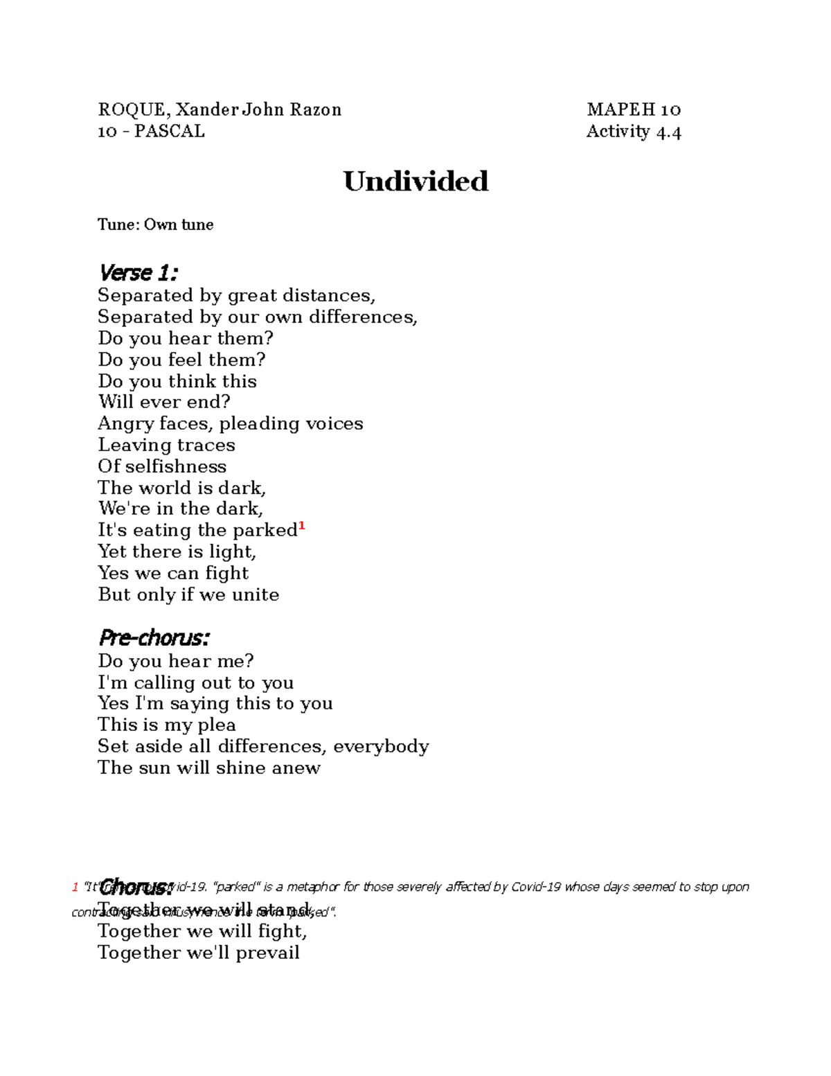 Undivided - Coursework - ROQUE, Xander John Razon MAPEH 10 10 - PASCAL ...