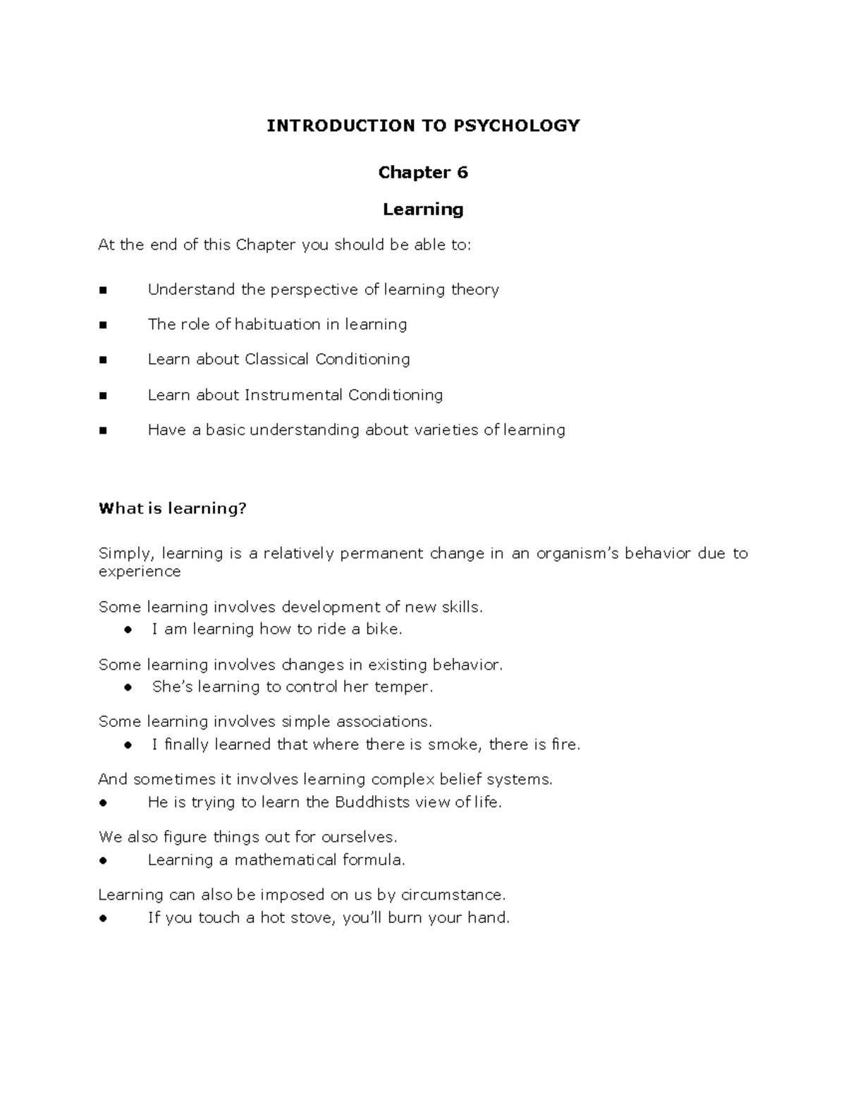 Chapter 6 summary - INTRODUCTION TO PSYCHOLOGY Chapter 6 Learning At ...