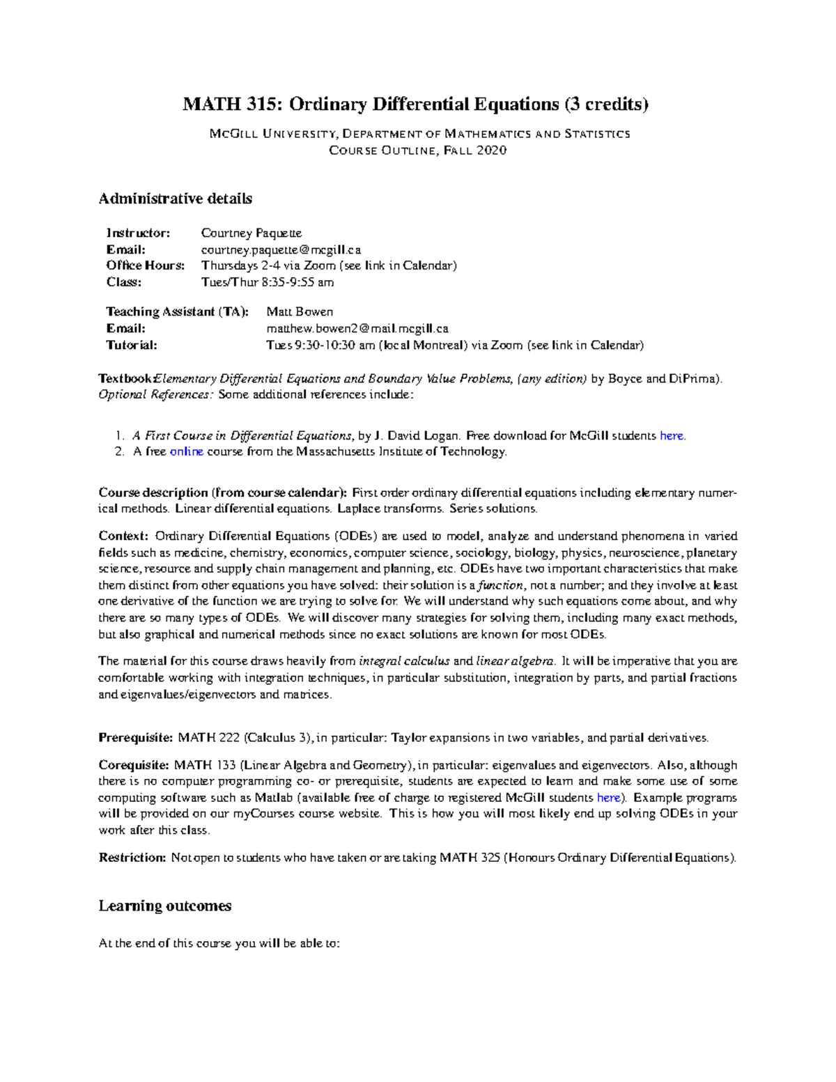 Syllabus-315-Fall2020 - MATH 315: Ordinary Differential Equations (3 ...