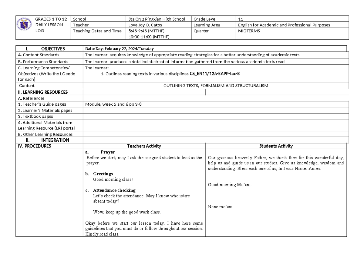 02-27-24 11 - GRADES 1 TO 12 DAILY LESSON LOG School Sta Cruz Pingkian ...