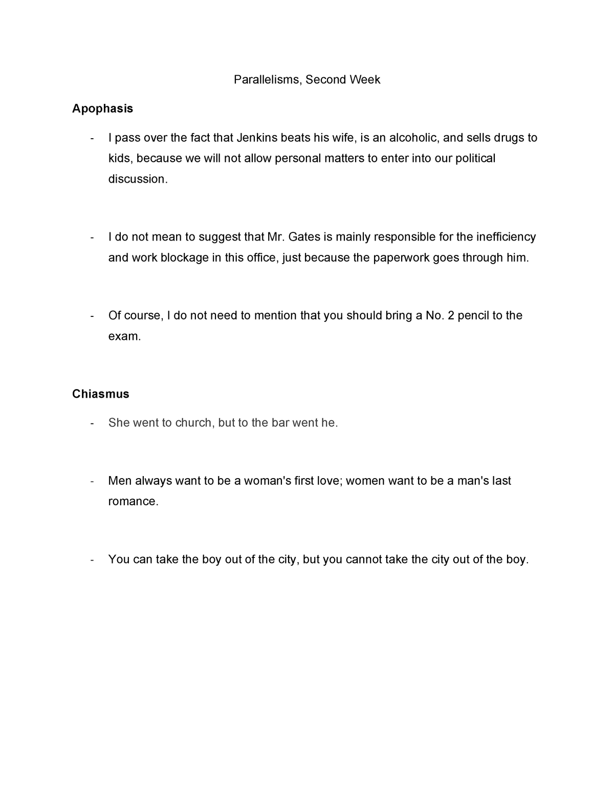 Parallelisms, Second Week Examples and Sentences - Parallelisms, Second ...