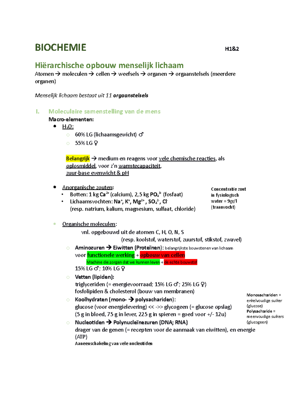 Biochemie 1 Samenvatting - BIOCHEMIE H1& Hiërarchische Opbouw Menselijk ...