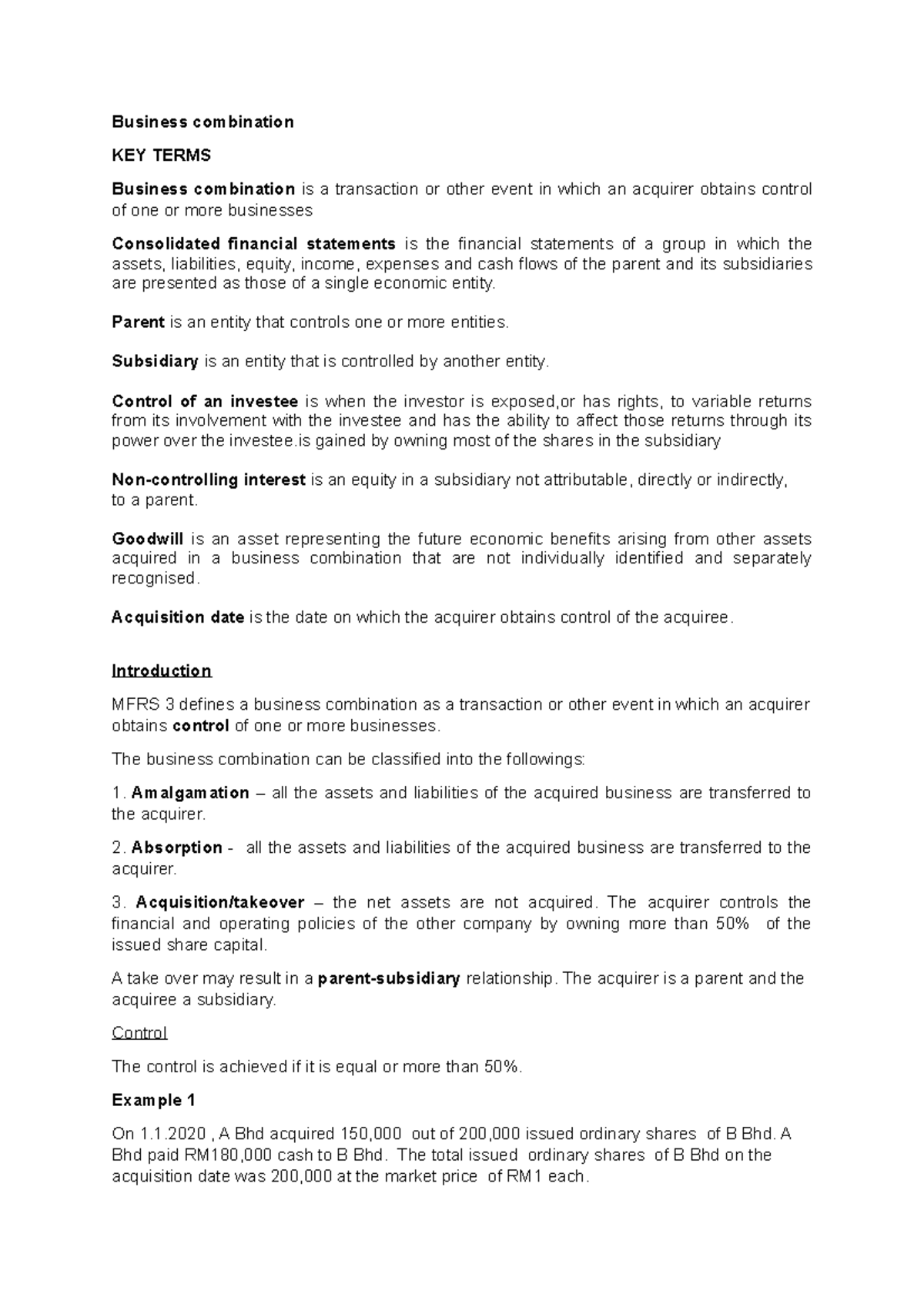 Business combination - Lecture notes 2 - Business combination KEY TERMS ...