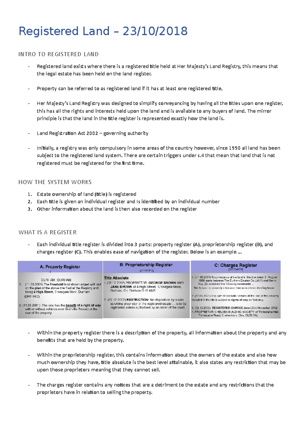 7. Intro to Registered Land Registered Land 23/10/ INTRO TO REGISTERED LAND Registered land