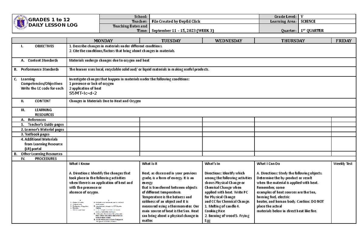 DLL Science 5 Q1 W3 - PERSONAL NOTES - GRADES 1 to 12 DAILY LESSON LOG ...