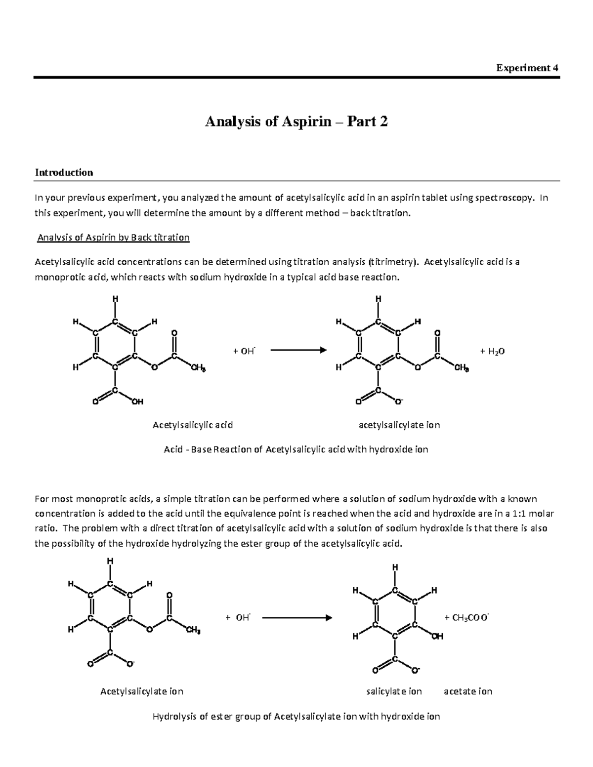 Exp. 4 Analysis of aspirin Part 2 Experiment 4 Analysis of Aspirin Part 2 Introduction In