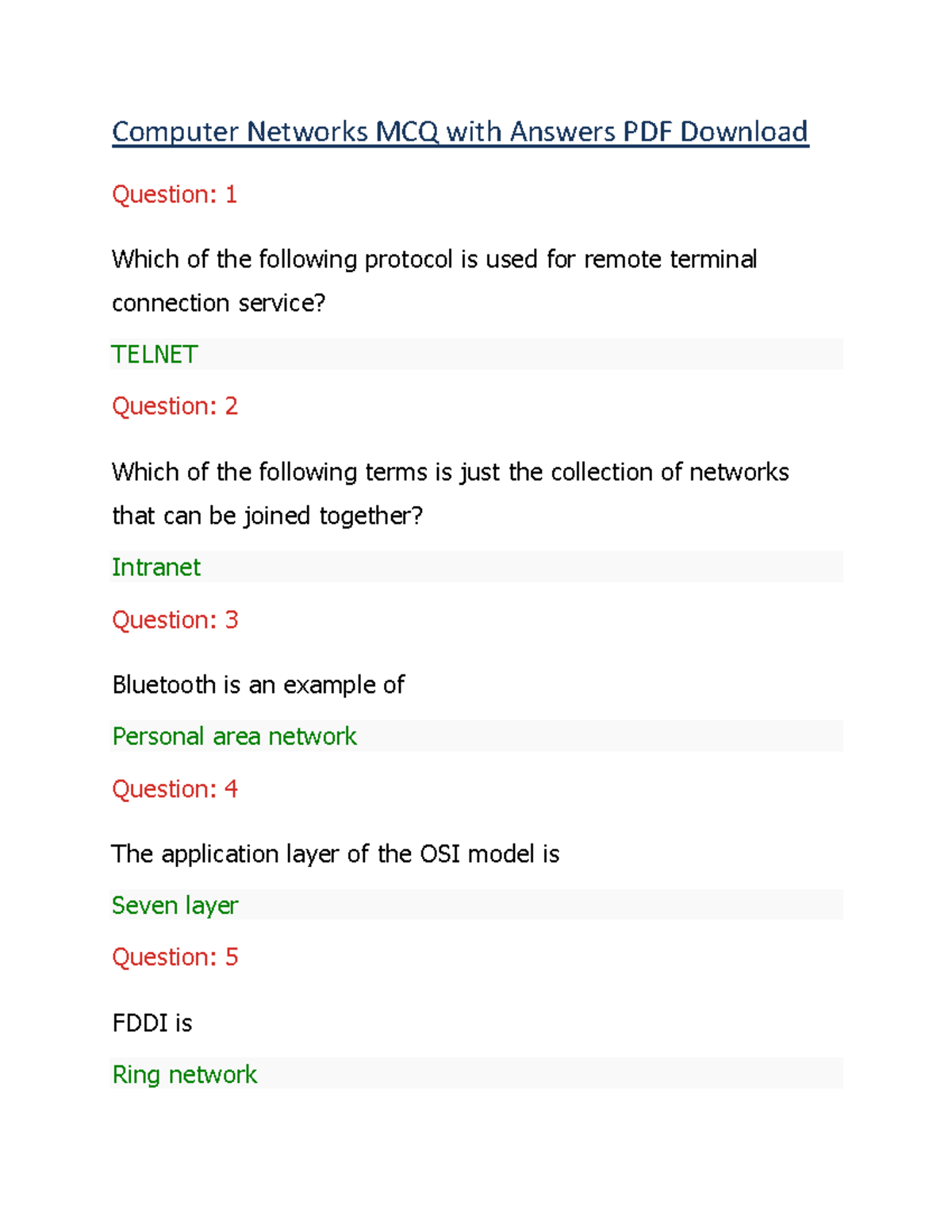 Computer Network Mcq Answers Pdf Download - Computer Networks MCQ With ...