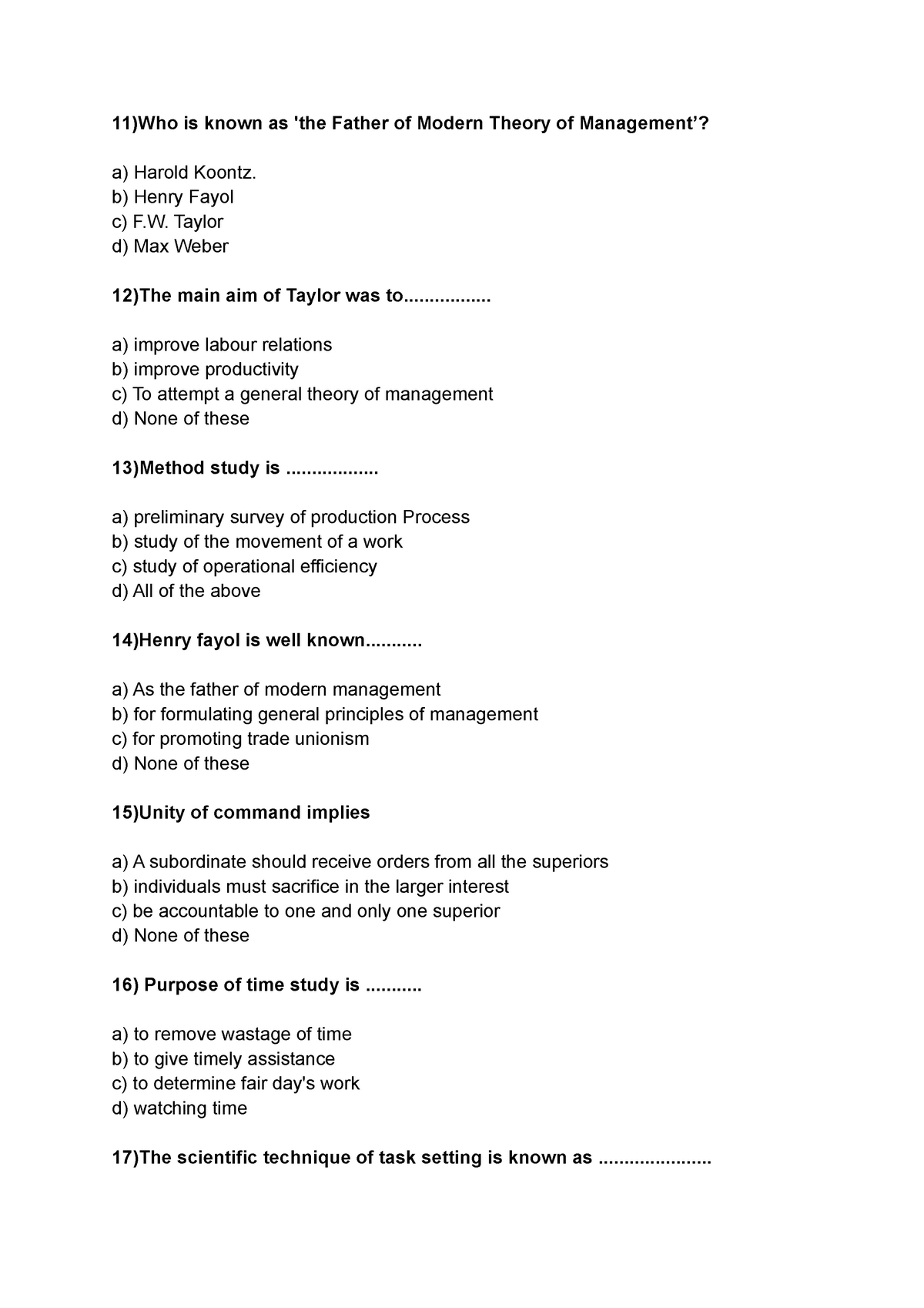 MCQ Principles Of Management Unit 2 - 11)Who Is Known As 'the Father Of ...