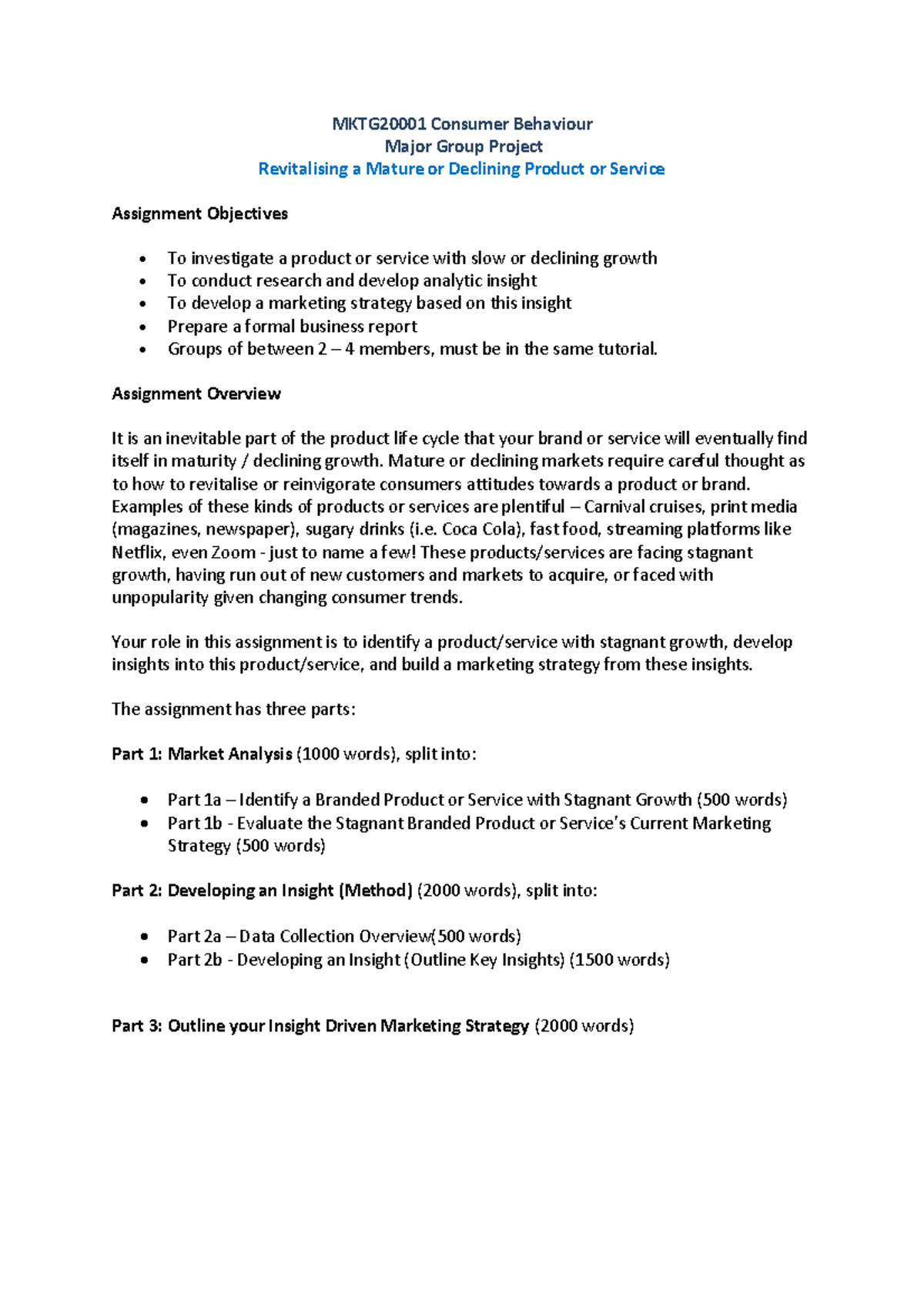 MKTG2000 1 Major Assignment - MKTG20001 Consumer Behaviour Major Group ...