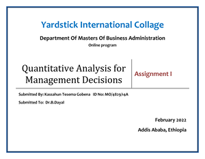 Quantitative analysis For Management - Yardstick International