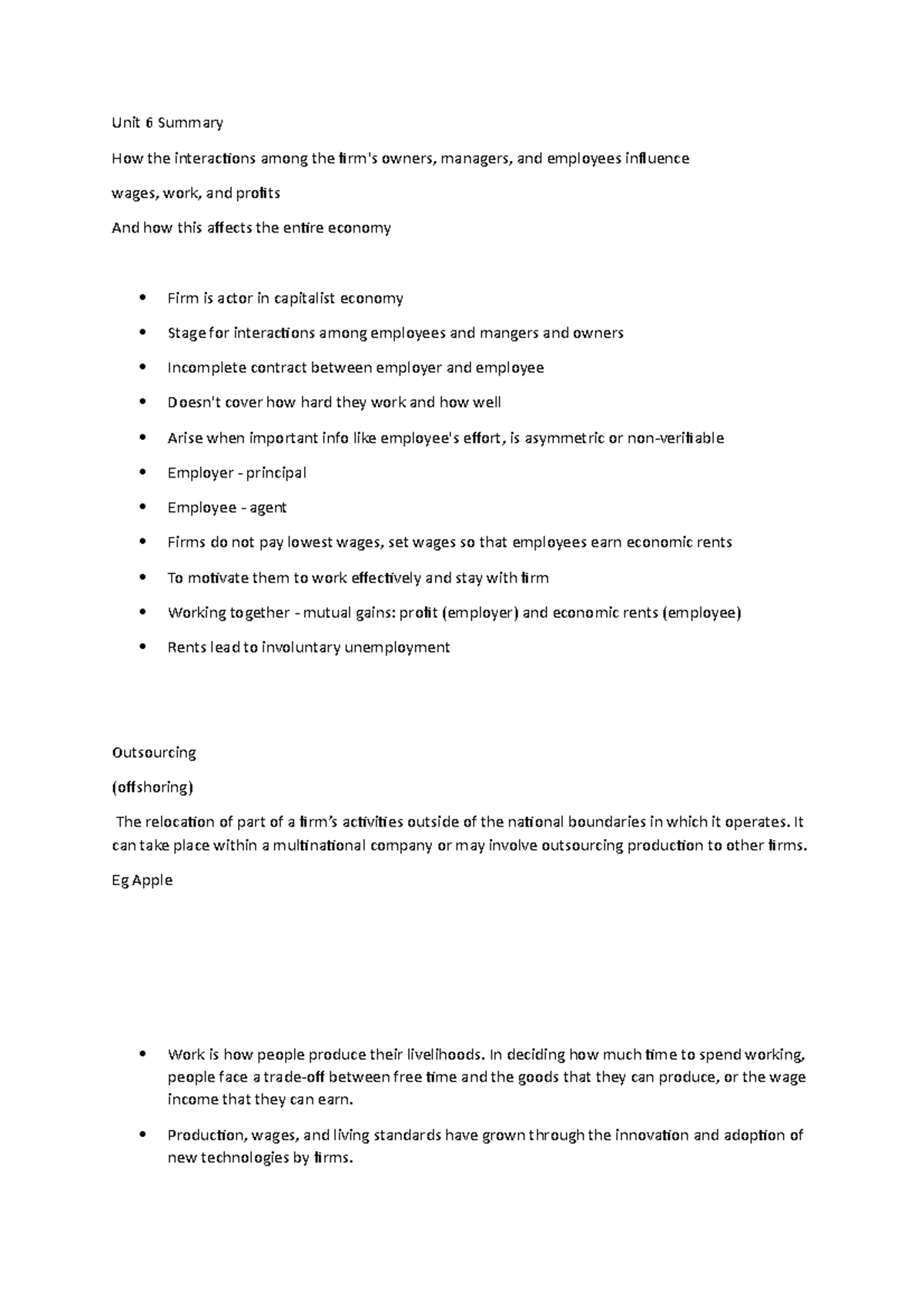 Unit 6 Summary - Unit 6 Summary How the interactions among the firm's ...