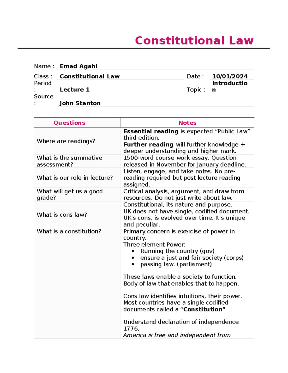 01.10.2024 Constitutional Law Notes - Constitutional Law Name : Emad ...